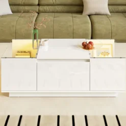 Sofa bord 105 cm med LED-stemningsbelysning, opbevaringsplads, glasplade & 2 skuffer, moderne & minimalistisk white