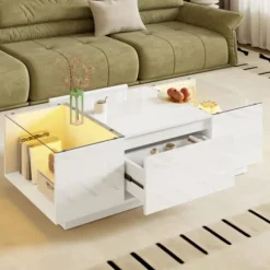 Sofa bord 105 cm med LED-stemningsbelysning, opbevaringsplads, glasplade & 2 skuffer, moderne & minimalistisk white