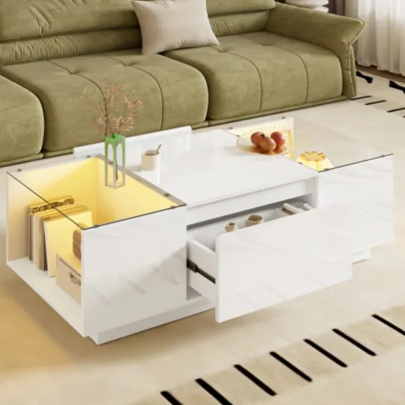 Sofa bord 105 cm med LED-stemningsbelysning, opbevaringsplads, glasplade & 2 skuffer, moderne & minimalistisk white