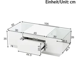 Sofa bord 105 cm med LED-stemningsbelysning, opbevaringsplads, glasplade & 2 skuffer, moderne & minimalistisk white