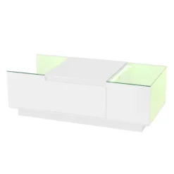 Sofa bord 105 cm med LED-stemningsbelysning, opbevaringsplads, glasplade & 2 skuffer, moderne & minimalistisk white