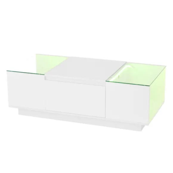 Sofa bord 105 cm med LED-stemningsbelysning, opbevaringsplads, glasplade & 2 skuffer, moderne & minimalistisk white