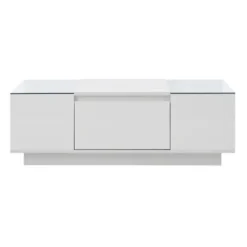 Sofa bord 105 cm med LED-stemningsbelysning, opbevaringsplads, glasplade & 2 skuffer, moderne & minimalistisk white