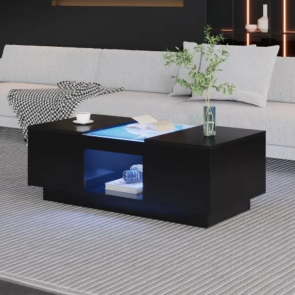 Sofa bord med app-styring & LED-belysning, 2 skuffer, glasplade | Sort, 100x50x35,5 cm | Moderne stuebord Black