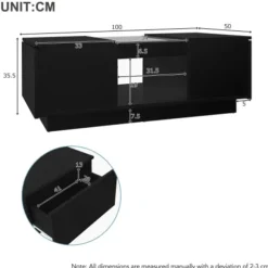 Sofa bord med app-styring & LED-belysning, 2 skuffer, glasplade | Sort, 100x50x35,5 cm | Moderne stuebord Black