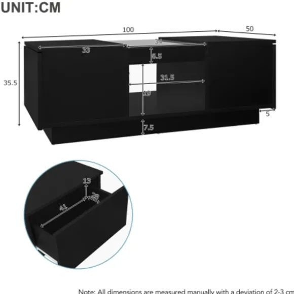 Sofa bord med app-styring & LED-belysning, 2 skuffer, glasplade | Sort, 100x50x35,5 cm | Moderne stuebord Black