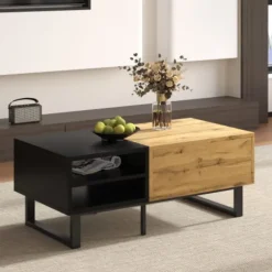 Sofa bord med farveblokdesign, metalben & skuffer - Praktisk stuebord Oak