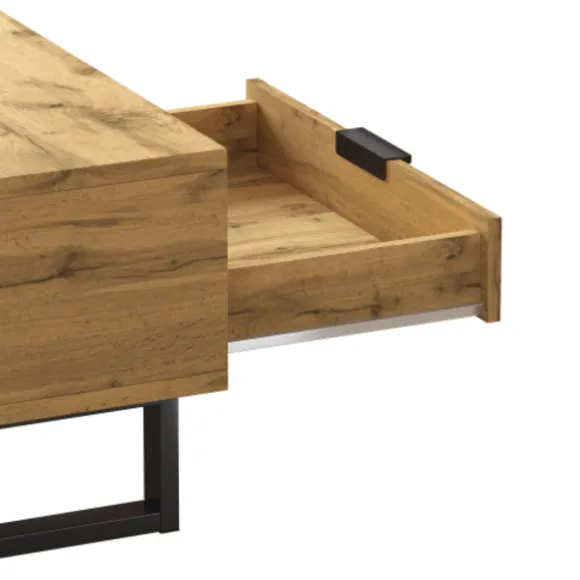 Sofa bord med farveblokdesign, metalben & skuffer - Praktisk stuebord Oak