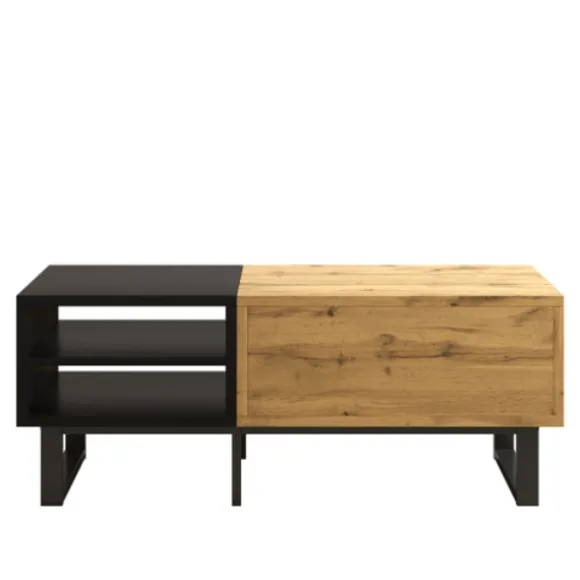 Sofa bord med farveblokdesign, metalben & skuffer - Praktisk stuebord Oak