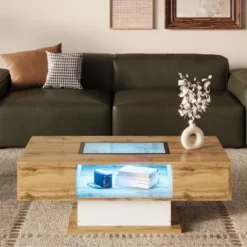 Sofa bord med farveskiftende LED-belysning og glasplade, 2 skuffer, moderne sidebord Natural