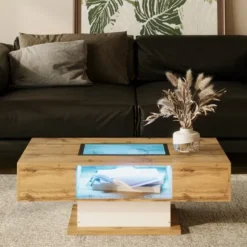 Sofa bord med farveskiftende LED-belysning og glasplade, 2 skuffer, moderne sidebord Natural