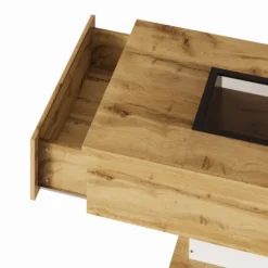 Sofa bord med farveskiftende LED-belysning og glasplade, 2 skuffer, moderne sidebord Natural
