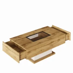 Sofa bord med farveskiftende LED-belysning og glasplade, 2 skuffer, moderne sidebord Natural