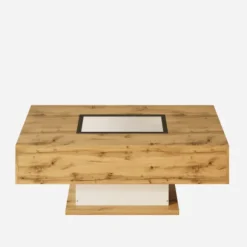 Sofa bord med farveskiftende LED-belysning og glasplade, 2 skuffer, moderne sidebord Natural