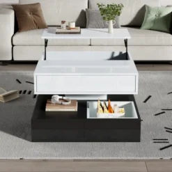 Sofa bord 70x70 cm med 360° roterende top & 3 skuffer - dobbeltlagsdesign, hvid/sort White+Black