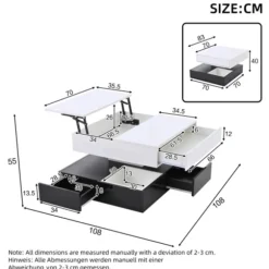 Sofa bord 70x70 cm med 360° roterende top & 3 skuffer - dobbeltlagsdesign, hvid/sort White+Black