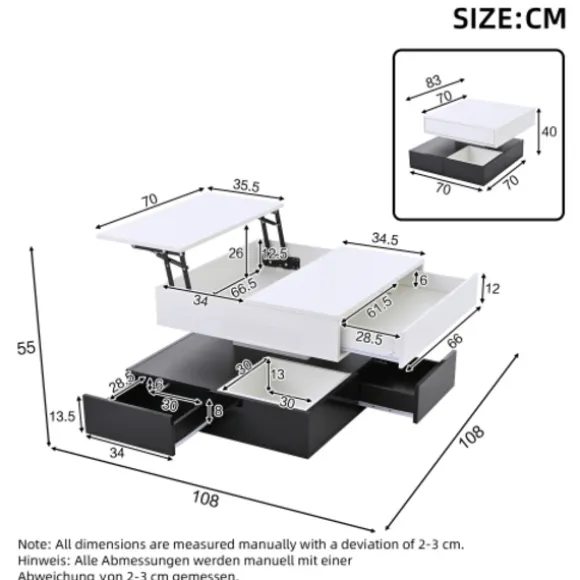 Sofa bord 70x70 cm med 360° roterende top & 3 skuffer - dobbeltlagsdesign, hvid/sort White+Black