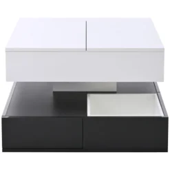 Sofa bord 70x70 cm med 360° roterende top & 3 skuffer - dobbeltlagsdesign, hvid/sort White+Black