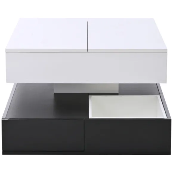 Sofa bord 70x70 cm med 360° roterende top & 3 skuffer - dobbeltlagsdesign, hvid/sort White+Black