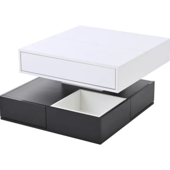 Sofa bord 70x70 cm med 360° roterende top & 3 skuffer - dobbeltlagsdesign, hvid/sort White+Black