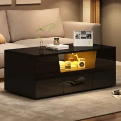 Sofa bord 100x50cm sort med LED-belysning, 2 skabe & skuffe, højglans, irregulært design Black