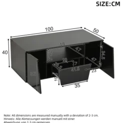 Sofa bord 100x50cm sort med LED-belysning, 2 skabe & skuffe, højglans, irregulært design Black