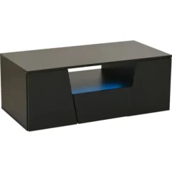 Sofa bord 100x50cm sort med LED-belysning, 2 skabe & skuffe, højglans, irregulært design Black