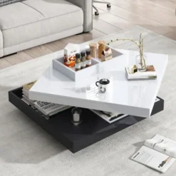 Sofa bord 70x70x36cm med 360° roterende top, 2-lags funktionelt stuebord, højglans hvid & sort Black White