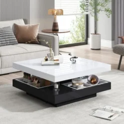 Sofa bord 70x70x36cm med 360° roterende top, 2-lags funktionelt stuebord, højglans hvid & sort Black White