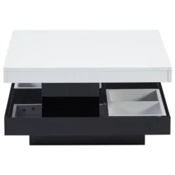 Sofa bord 70x70x36cm med 360° roterende top, 2-lags funktionelt stuebord, højglans hvid & sort Black White
