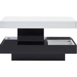 Sofa bord 70x70x36cm med 360° roterende top, 2-lags funktionelt stuebord, højglans hvid & sort Black White