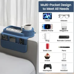 Sofa kopholderbakke, silikone sofa armlæns opbevaringsboks med side lommer til fjernbetjening, mobiltelefon, tablet eller snacks