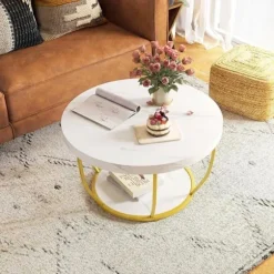 Sofabord 80cm med 2 Niveauer COSTWAY, Metalramme, Cocktailbord i Træ, Rundt Sidebord til Værelset, Hvid Vitt och guld