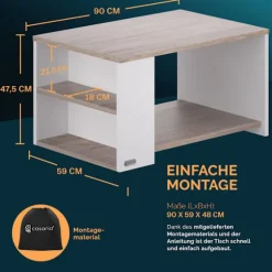 Sofabord, Hvid/Eg, 90x60x50cm, Opbevaringshylder