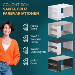 Sofabord, Hvid/Eg, 90x60x50cm, Opbevaringshylder