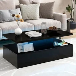 Sofabord i 2 Niveauer - COSTWAY - 20 Justerbare LED-Lamper med Fjernbetjening - Sort Skinnende Sofabord Svart