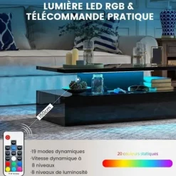 Sofabord i 2 Niveauer - COSTWAY - 20 Justerbare LED-Lamper med Fjernbetjening - Sort Skinnende Sofabord Svart