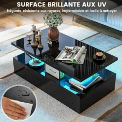 Sofabord i 2 Niveauer - COSTWAY - 20 Justerbare LED-Lamper med Fjernbetjening - Sort Skinnende Sofabord Svart