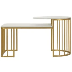 Sofabord, marmorlignende bordplade, guldramme, 90x50x50 cm