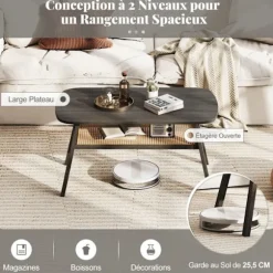 Sofabord med 2 niveauer COSTWAY, Opbevaringshylde i rattan, Gummitræsfødder, Rektangulært bord til kontor Mörkgrå och Naturlig