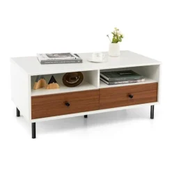 Sofabord med 2 skuffer og 2 hylder Rektangulært stuebord med opbevaringsplads 95 x 48 x 45 cm