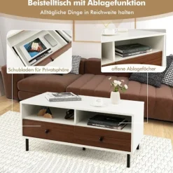 Sofabord med 2 skuffer og 2 hylder Rektangulært stuebord med opbevaringsplads 95 x 48 x 45 cm