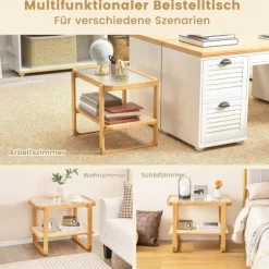 Sofabord med aftagelig glasplade & rattanhylde Sofabord med bambusstel