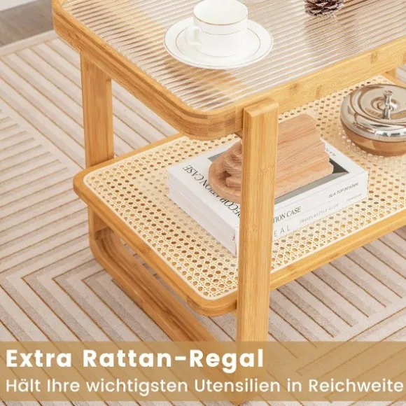 Sofabord med aftagelig glasplade & rattanhylde Sofabord med bambusstel