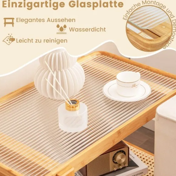 Sofabord med aftagelig glasplade & rattanhylde Sofabord med bambusstel
