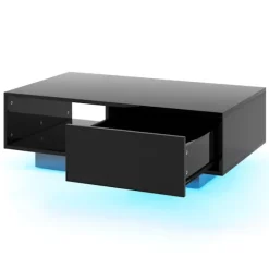 Sofabord med LED-lys, Fjernbetjening, Opbevaring, Sort, 95x55x31 cm