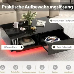 Sofabord med LED-lys, Fjernbetjening, Opbevaring, Sort, 95x55x31 cm
