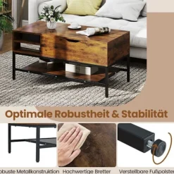 Sofabord med løfteplade og skjult opbevaring, brunt træ