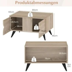 Sofabord med opbevaring – 3 skuffer, åbne hylder, egetræ, 80x60x46 cm