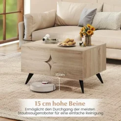 Sofabord med opbevaring – 3 skuffer, åbne hylder, egetræ, 80x60x46 cm